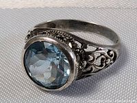 Close-up image of vintage sterling silver ring showcasing round faceted blue topaz set in bezel with intricate filigree silver band.