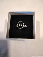 Top-down view showing the oval black onyx stone set in a silver ring, displayed in a box with black interior.