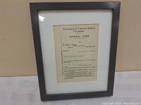 Framed document with visible text 'Prescription for Liquor by Medical Practitioner'