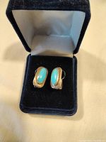 Pair of turquoise and silver earrings shown inside a black velvet jewelry box, facing forward.