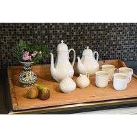 Full set arranged on tray: teapot, coffee pot, sugar bowl, creamer and four mugs