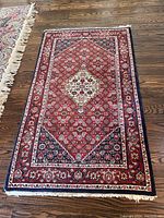 Full view of the rectangular floor rug showing the central diamond medallion and floral patterns in red, blue, and white.