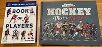 Front cover of Hockey Hall of Fame Book of Players 3rd Edition and Sports Illustrated Kids Hockey Then and Wow hardcover books.