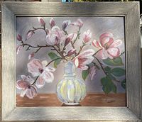 Frontal view of the framed oil painting by M.I. Ross depicting flowers in a glass vase