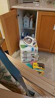 View of cabinet containing partial cleaning supply bottles, Philips iron on top of paper towel pack, and boxes of garbage bags stacked below.