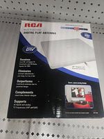 Front of box showing RCA Multi-Directional Digital Flat Antenna with feature highlights such as receiving HD, FM radio, and digital TV signals, 360° reception, and sleek design.
