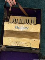 Top view of the Castelli Italian Accordion inside the case showing keyboard, buttons, grille, and logo.