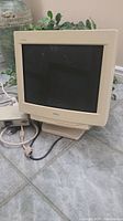 Vintage Dell beige 16-inch CRT monitor with Trinitron screen, showing front and base with connection cables visible on floor.