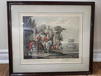 Framed print titled 'Bachelors Hall' showing people on horses near a large hall or estate, in an outdoor garden-like setting with trees and architectural elements.