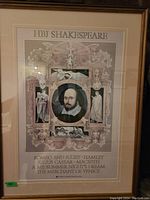 Framed HBJ Shakespeare print showing central Shakespeare portrait and title of plays.