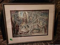 Framed color print by P. G Canto with abstract and mythological figures, 29"x23"