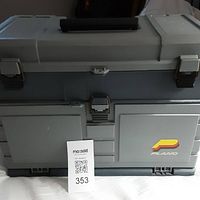 Closed Plano fishing tackle box showing gray plastic body with Plano logo and black handle.