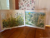Two botanical posters on board, titled Meadows and Sand Dunes, showing various plants and flowers with labels, leaning upright on wooden floor