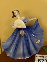 Front angle of Royal Doulton Elaine porcelain figure in blue gown showing the fan and lifted dress detail.