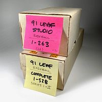 Two boxes labeled with sticky notes indicating contents: one for 1991 Leaf Studio Baseball cards numbered 1-263 plus 30 extras, and one for complete 1991 Leaf Baseball 1-528 Series I & II cards.