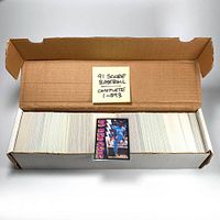 Full box containing the complete 1991 Score baseball card set 1-893 with a handwritten label on top of the box.