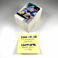 Stack of 90 Upper Deck SP Authentic hockey cards from 2000/01 season from card #1 to #90, showing front card featuring player in white jersey and skates on ice.