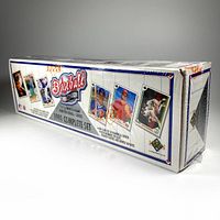Sealed factory plastic wrapped 1991 Upper Deck Baseball Box Set angled view highlighting the front and side with images of player cards and branding.