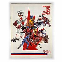 Front cover of 1976 Canada Cup hockey program magazine with colorful illustration of hockey players over red maple leaf, text 'CANADA CUP 1976 COUPE CANADA' and Carling O'Keefe branding.