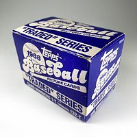 Blue and white box for the 1988 Topps Baseball Traded Series card set displayed at an angle showing logos and series name, minor shelf wear visible
