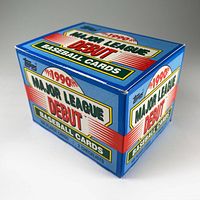 Image of 1990 Topps Major League Debut baseball cards box set showing front and side with branding and card count