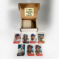 Box containing 1991 Topps Baseball Archives 1953 singles cards, arranged upright with label inside box lid.