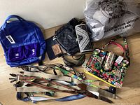 Overview photo showing the royal blue Club Room backpack, Aldo handbag with vibrant print, suspenders, trucker hats, and goggles spread on the floor.