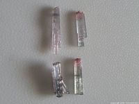 Four raw bi and tri-colour tourmaline crystals on white background showing double terminations and color zoning