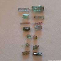 Top view of 16 assorted rough watermelon tourmaline crystals arranged on a light surface, showing green and pink bi-color zones.