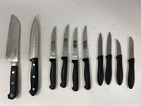 Full view of 10 kitchen knives arranged in a row including chef knives, steak cutters with serrated edges, and paring knives, all with black handles.