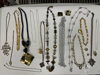 Full tray view showing all necklaces and earrings laid out on a white surface for identification.