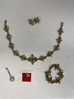 Overview of silver necklace, matching bracelet, earrings, Expo 86 silver charm and silver tag on white background