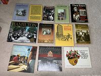 Photo showing the full set of 12 Hamilton-focused books arranged on a carpeted floor.