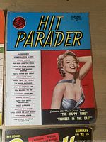 Close-up of Hit Parader January issue showing Marilyn Monroe on the cover with titles of included songs