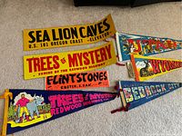 Overview of all vintage souvenir pennants laid out on floor showing Sea Lion Caves, Trees of Mystery, Flintstones, Utah, Wyoming, and Flintrock City.