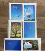 Six assorted photography greeting cards with nature and outdoor scenes, laid out on a wooden surface.