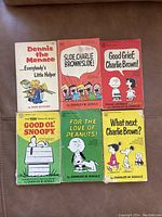 Top view of the six paperbacks with colorful illustrated Peanuts comic covers showing titles and authors.