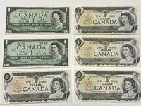 Top-down view of eight Canadian one dollar bills arranged in two rows showing front sides, featuring Queen Elizabeth II portraits and denomination details.