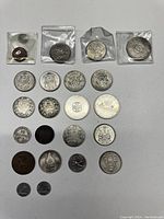 Overhead view of all coins arranged in rows and four plastic flips