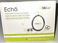 Box of bbluv Echö portable wireless fetal Doppler featuring product image, brand logo and device name.