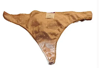 Front side of Charter Club thong underwear in almond latte with lace trim and polka dots, new with tag visible.
