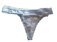 Front view of light blue thong with white cloud pattern and lace trim.