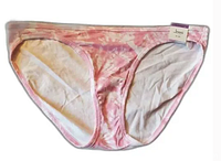 Front view of the Jenni bikini bottom displaying pink and white tie-dye pattern with waistband and leg openings visible.