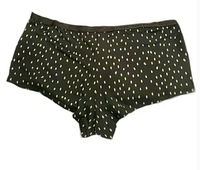 Black polka dot boyshort underwear laid flat showing front side with small white irregular dots on black background.
