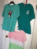 Three T-shirts hanging on a white door: turquoise Bad Monkey tee, teal Little Longears tee, pink and white tie-dye Buddy by the Sea tee.