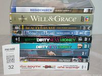 Stack of 9 DVD season shows including Broadchurch Season 1, Will & Grace, Beauty & Beast (First and Final Seasons), Dirty Sexy Money (Seasons 1 and 2), The Americans Season 1, and Due South Season 1.