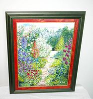 Front view of colorful framed garden path painting by K. Kluts, showing bright floral details and signature.