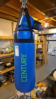 Photo of blue Century 27-inch punching bag hung by black straps