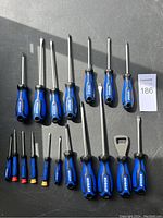 Full view of all 16 screwdrivers and a bottle opener with blue and black Kobalt handles, laid out on a flat surface.