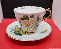 Tea cup and saucer set on red background showing detailed floral pattern and gold accents